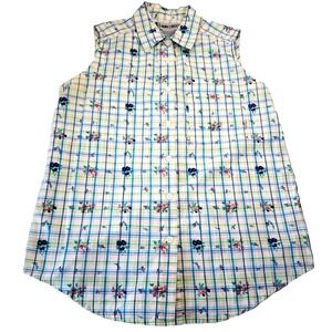 Cabin Creek Button Up Sleeveless Blouse Women's M Floral Plaid Cottage Cotton